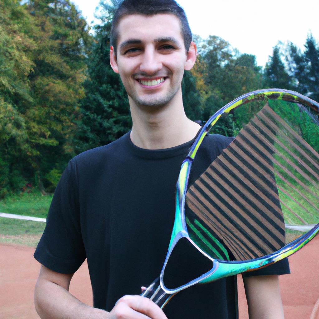Man holding tennis racket, smiling